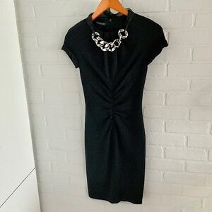 Tenax Mini dress LBD Bow embellished black Ruched Jewel Cap sleeve M